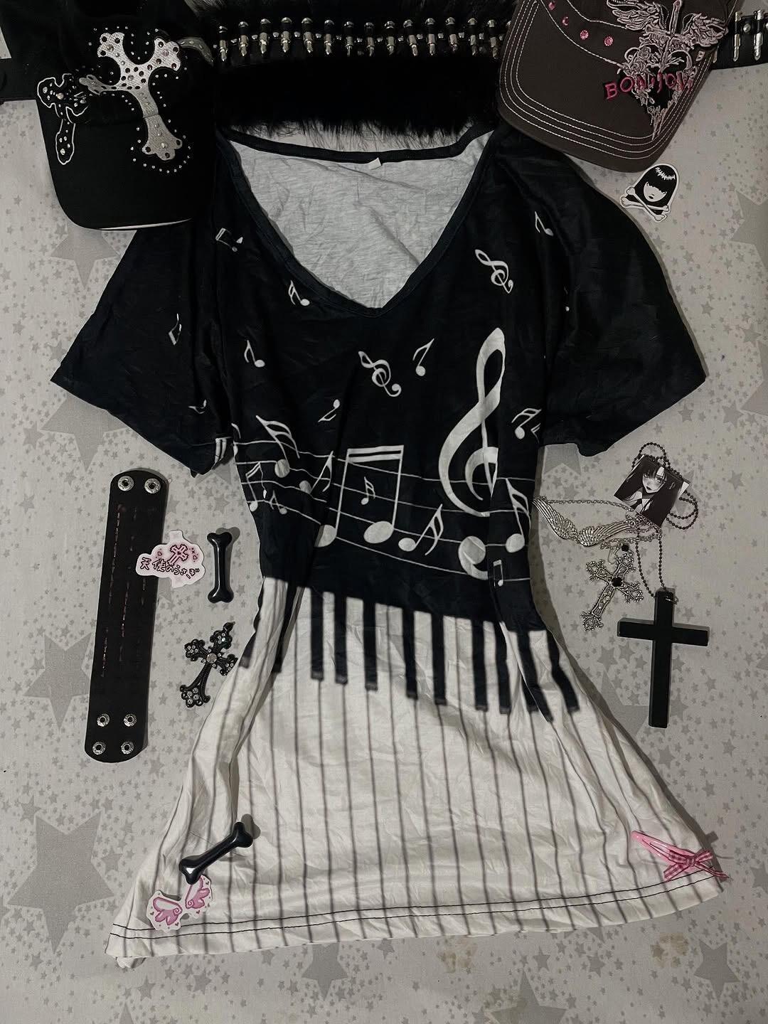 Audio Music Notes - Camiseta gótica Y2K con estampado de